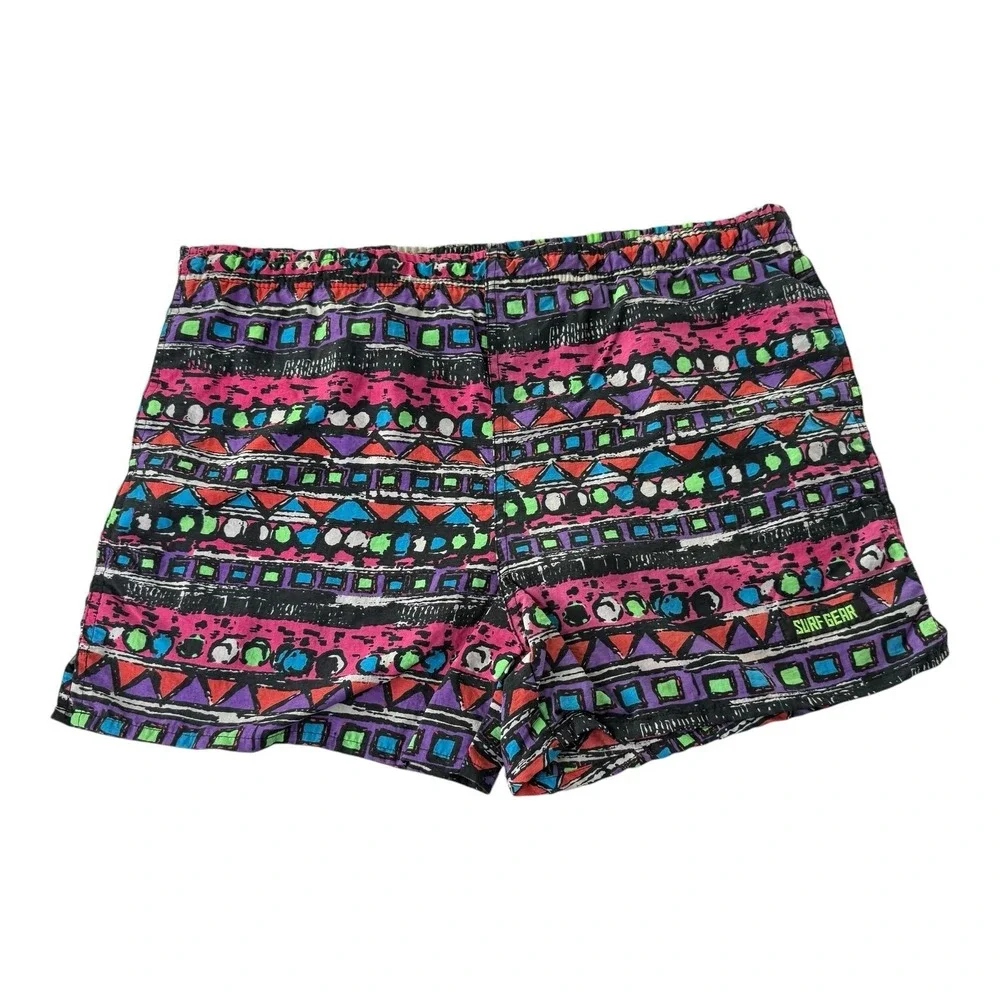 Vintage Surf Gear Men's Size 38-40 Neon Geometric Nylon Swim Trunks 90s
